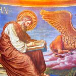 BERLIN, GERMANY, FEBRUARY - 15, 2017: The fresco of St. Luke the Evangelist in cupola of Rosenkranz Basilica by Friedrich Stummels, Karl Wenzel, and Theodor Nuttgens from begin of 20. cent.